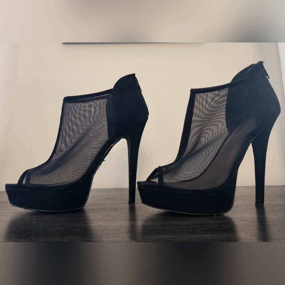Mesh cage stiletto, peep-toe "booties"